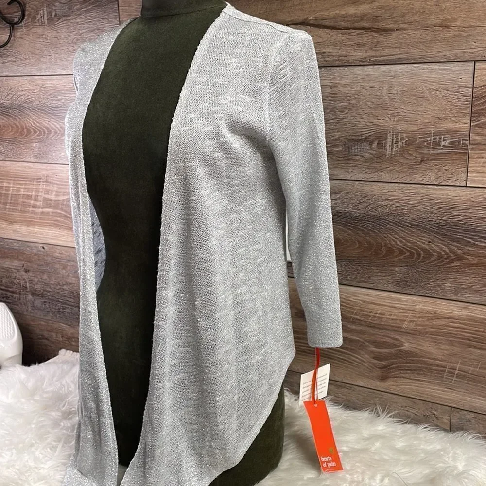Heart of Palm Womens Swifty Gray Metallic Silver Open Face Cardigan Sz Small NWT
